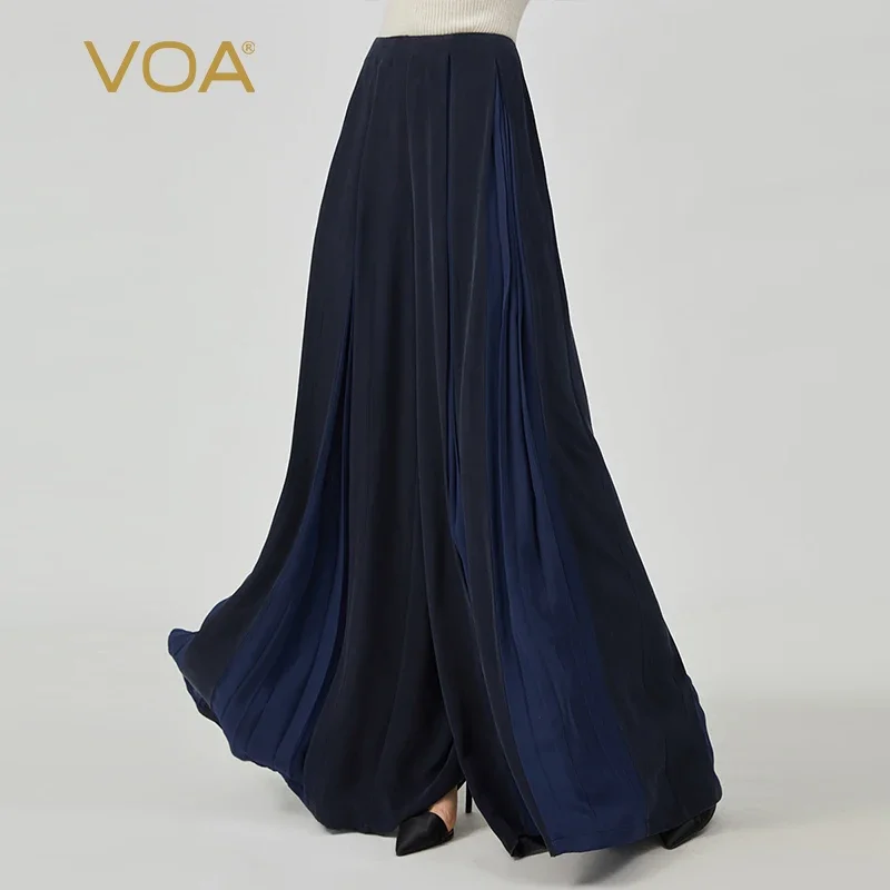 VOA Casual Pocket Long Wide Leg Pleated Sweeping Pants Women Culottes Office Gothic Style Lady Trousers Loose Pantskirt KE573