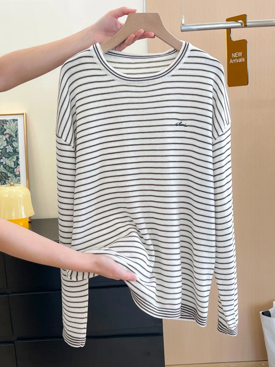

2025 Stripe T-Shirt For Women Harajuku Basic Loose Long Sleeve Tees Soft Female Solid Tops