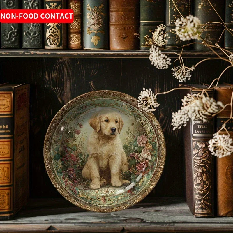 1pc Vintage Floral Dog Ceramic Decorative Plate - European Hand-Painted Oval Art Hanging Plate, Non-Food Contact Home Wall