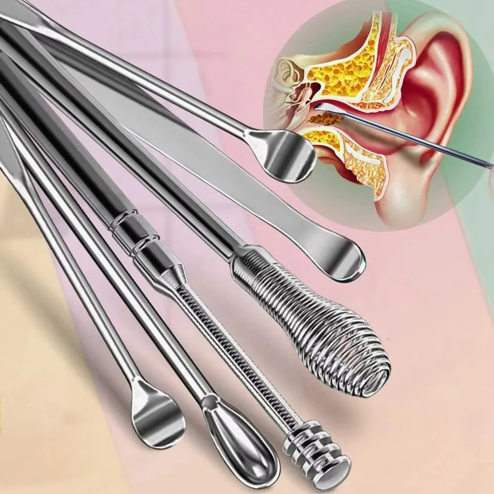 9Pcs/set New 9Pcs/Set Earwax Removal Tools Curette Spoon Easy Carry Earpick Ear Care Stainless Steel Wax Remover