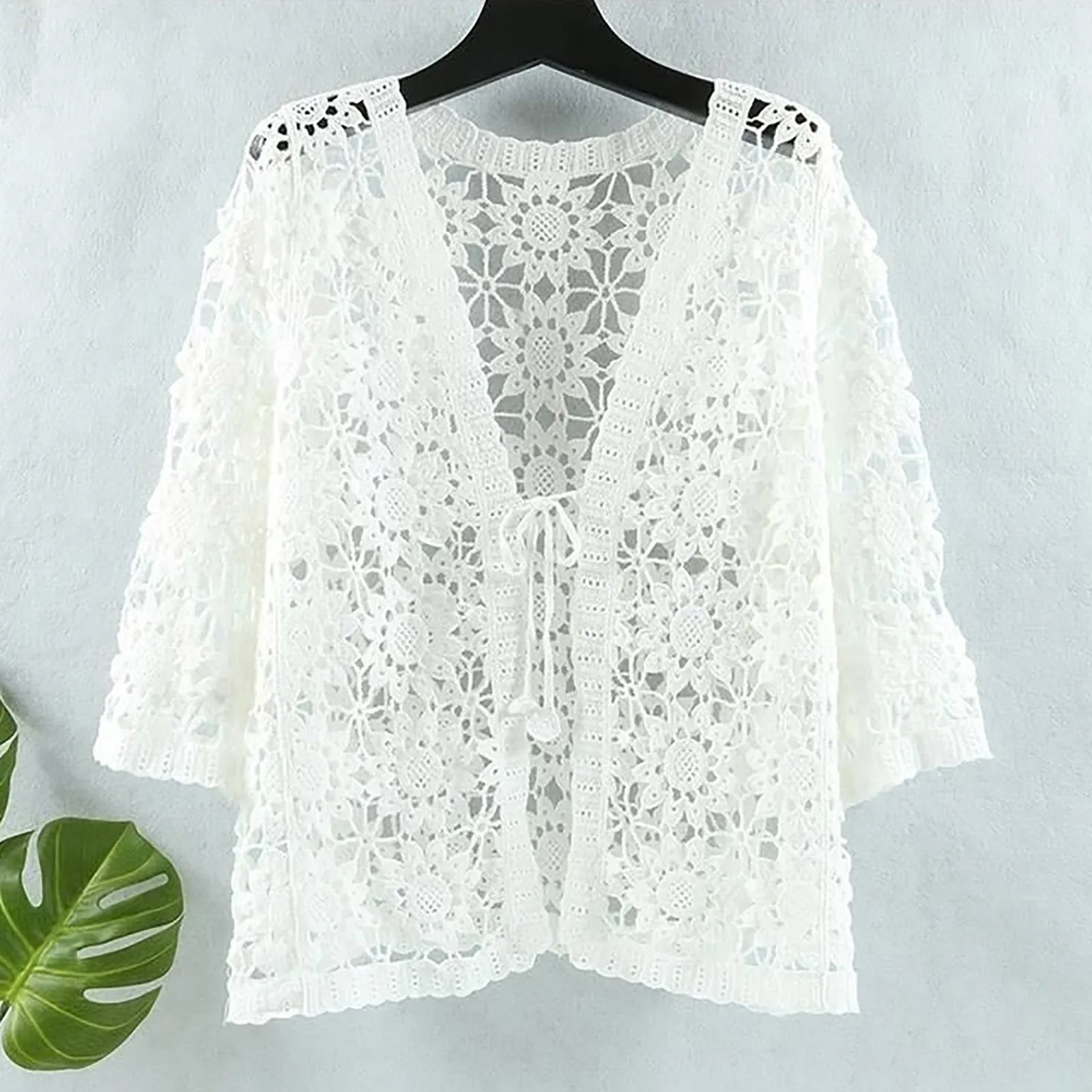 Women\'s New Cardigan Women\'s V-Neck 3/4 Sleeve Crochet Lace Openwork Blouse Korean Shirt Versatile Jacket Front Tie Cardigan