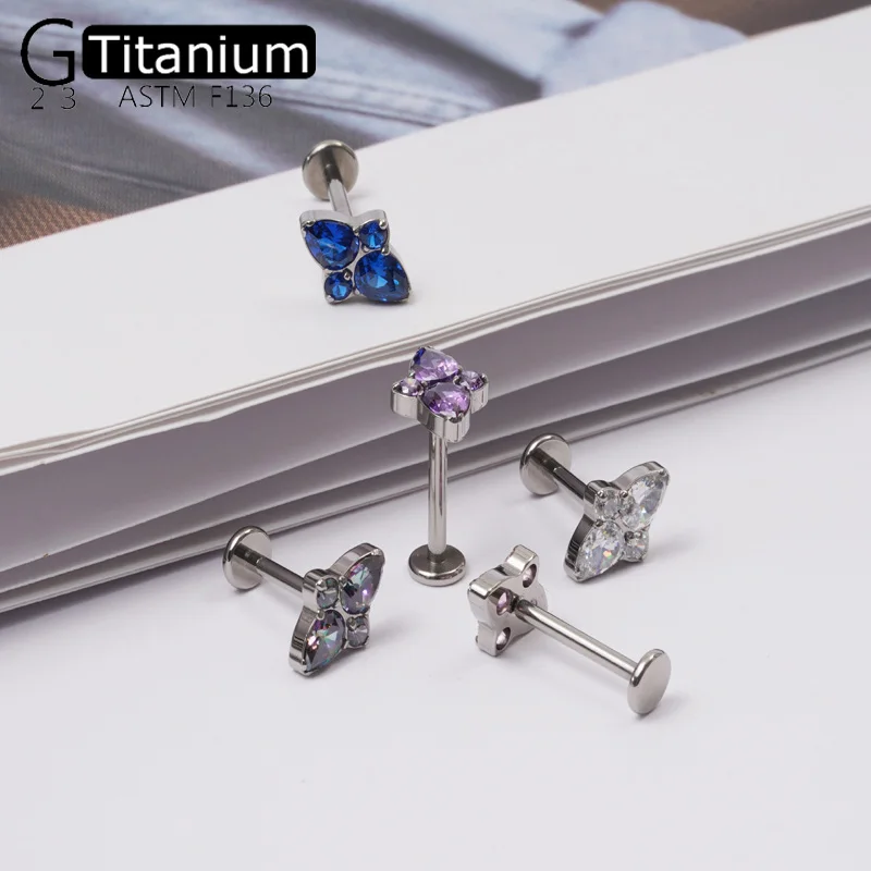 G23 Titanium Stud Inner Thread Zirconium Ear Cartilage Stud Lip Stud Women's Fashion Delicate Body Piercing Jewelry