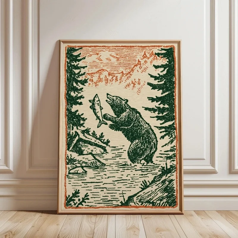 Bear Catching Salmon Wall Printing Art Poster, Japanese Linocut Poster for Living Rooms, Offices, Bedrooms Decor Artwork