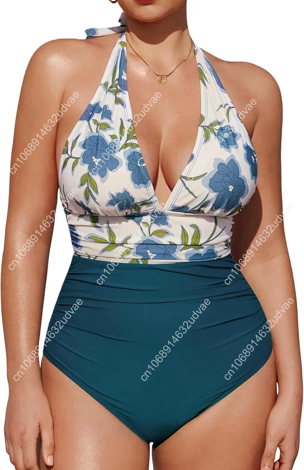 Women V Neck One Piece Swimsuit Halter Backless Ruched Tummy Control Bathing Suit