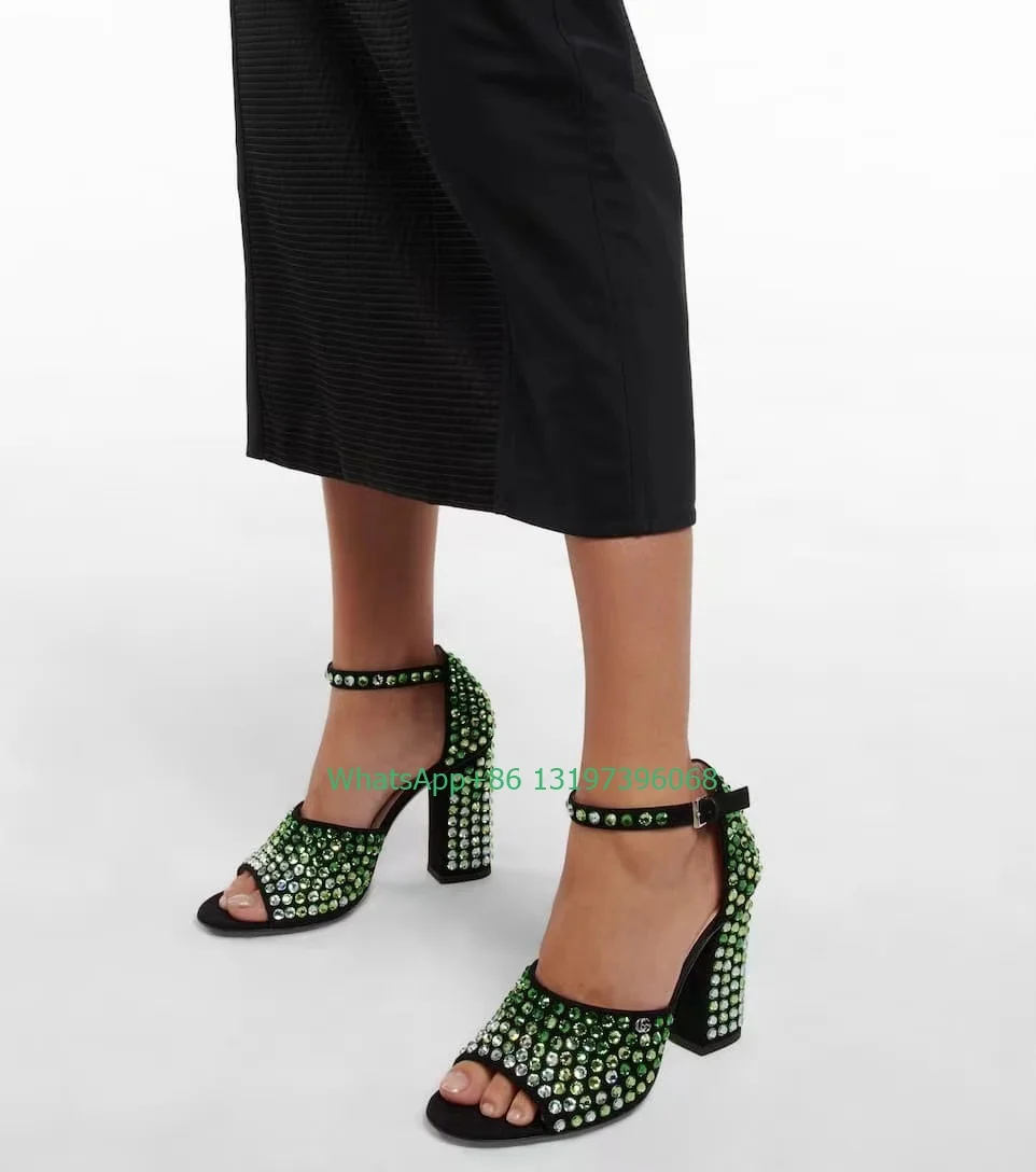 

Lady bling sequin chunky heel sandals open toe green rhinestone design high heels footwear party elegant dress shoes size 46