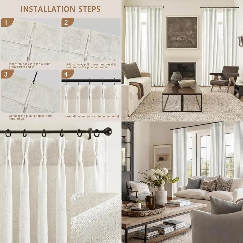 

Luxury 92 Belgian Linen Pinch Pleat Curtains, Light Filtering, 40W x 92L, 2-Panel Set for Dining Room Windows