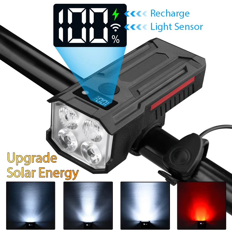 Solar Bicycle Front Lights Type-c Charging Headlight Intelligent Light-sensing Bike Front Lamp with 120 Decibel Horn Bike Part