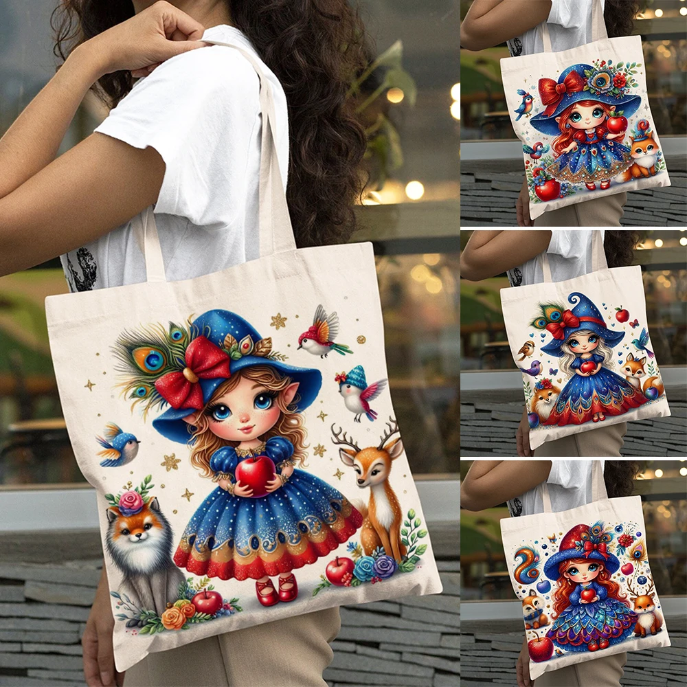 

Cartoon Lovely Blue Witch Girl Shopping Bag Fox Apple Women Shopper Bags Double Print Lady Tote Shoulder Big Capacity Handbags