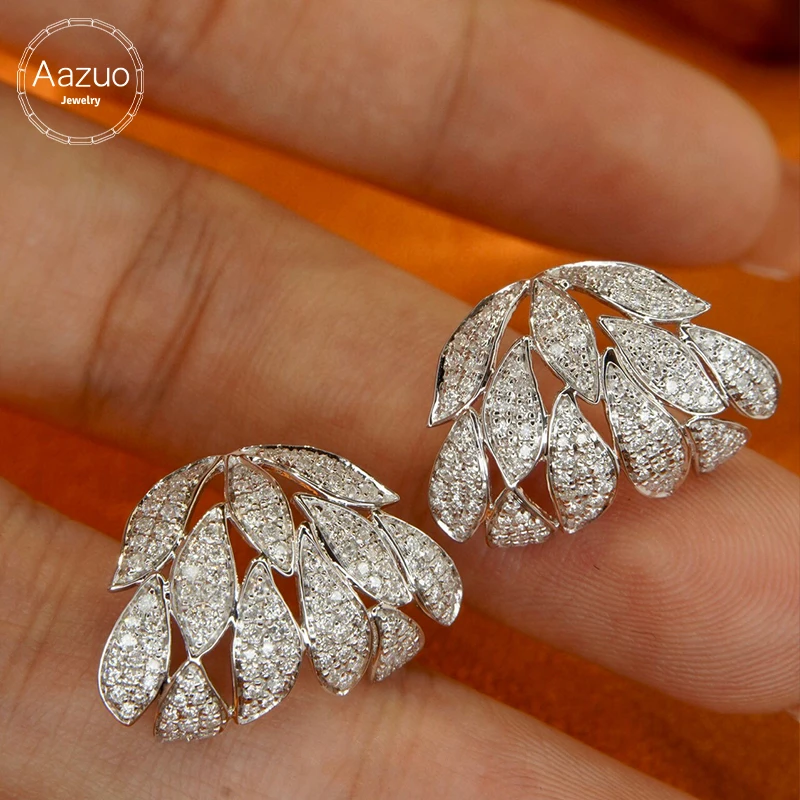 Aazuo 18K Solid White Gold Real Natrual Diamonds 0.90ct Fairy Leaves Hook Earring Gifted For Women Advanced Wedding Party Au750