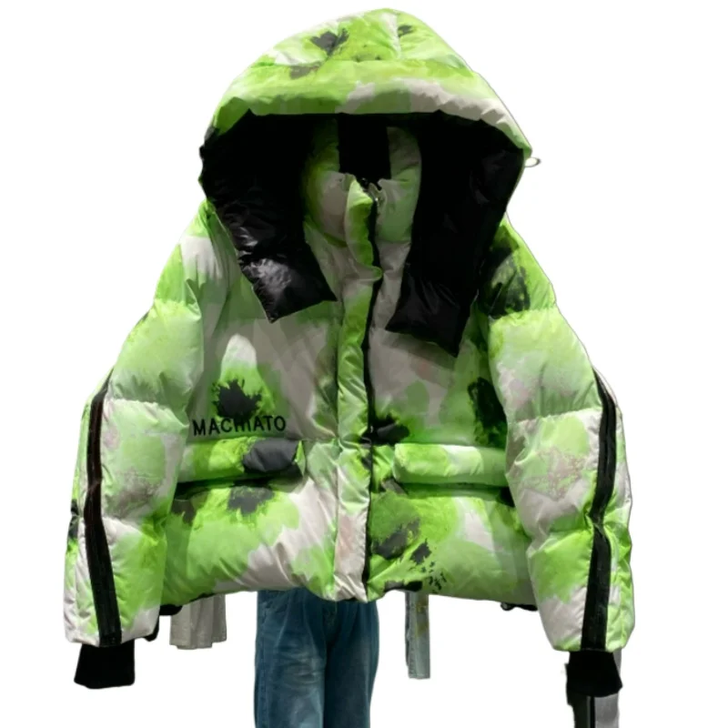 

2026 Winter New Trendy Color Contrasting Embroidered Alphabet Korean Edition Loose Skinny Down Coat Women White Duck Down Jacket