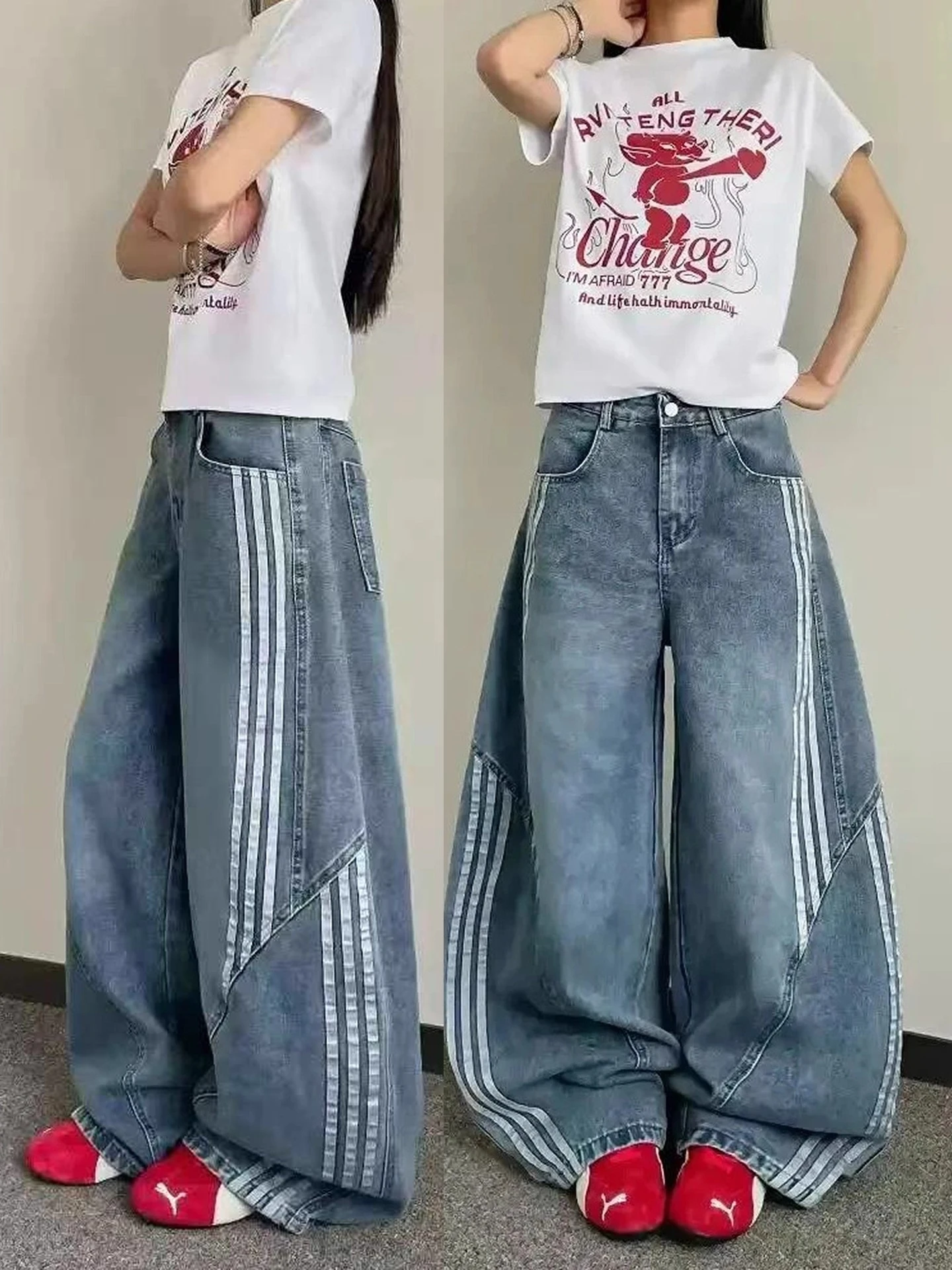 아메리칸 슬레 하이웨이스트 스트레이트 레그 진 여성용 패치워크 와이드 레그 팬츠 트렌디 하이 스트리트 루즈핏 블루 데님