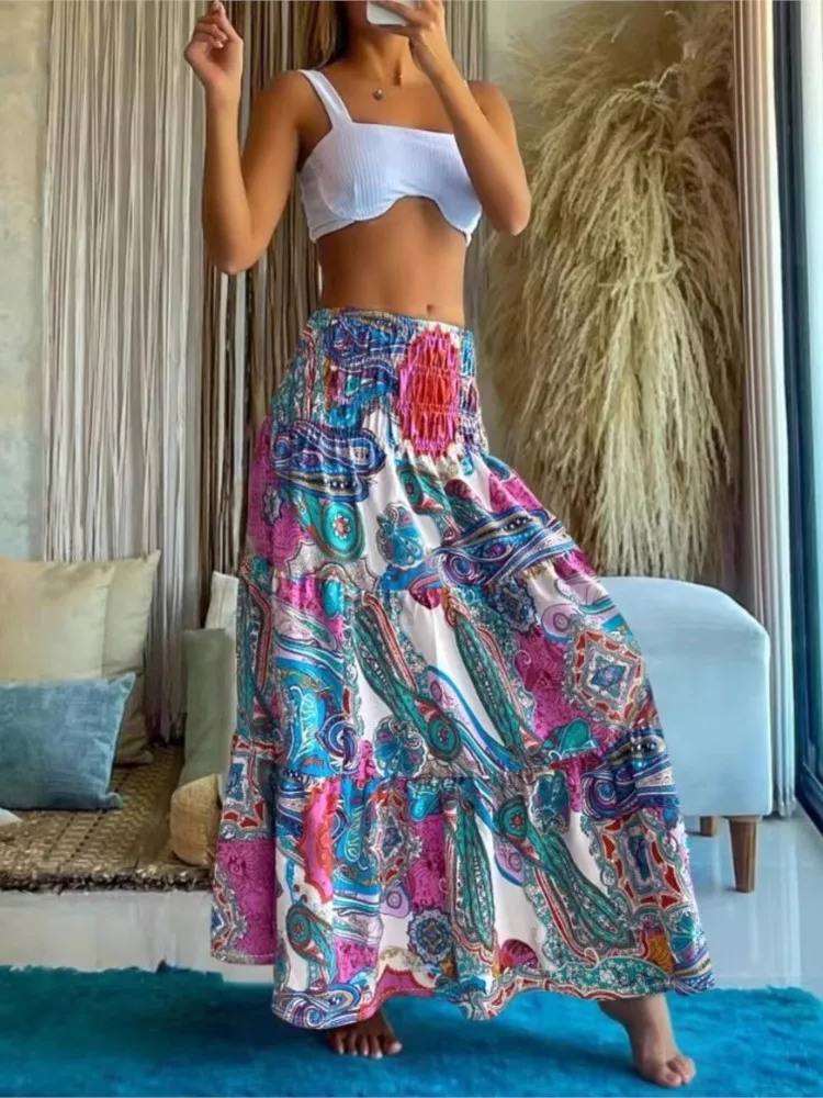 Fashionable New Summer Printed Skirt Women's Elegant Style Loose Casual Vacation Comfortable High Waist Medium-length Skirt