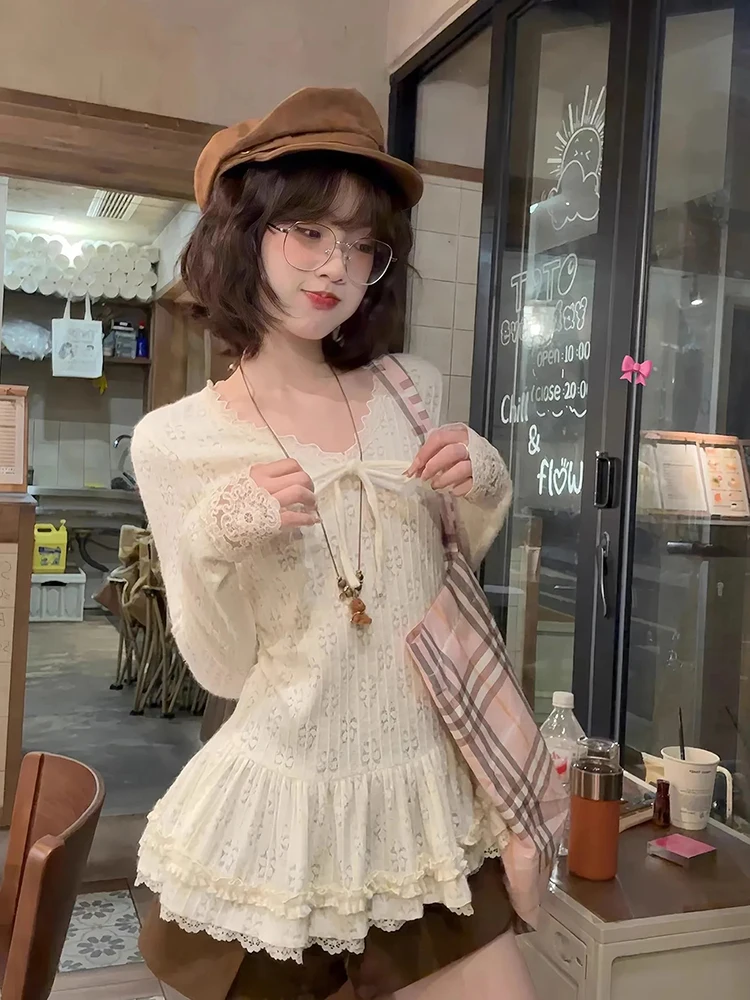 

Новый женский вязаный свитер с V-образным вырезом и рюшами, в стиле Y2K, корейский, сладкий, с кружевными вставками, приталенный пуловер, весенний, шикарный, ажурный, универсальный топ