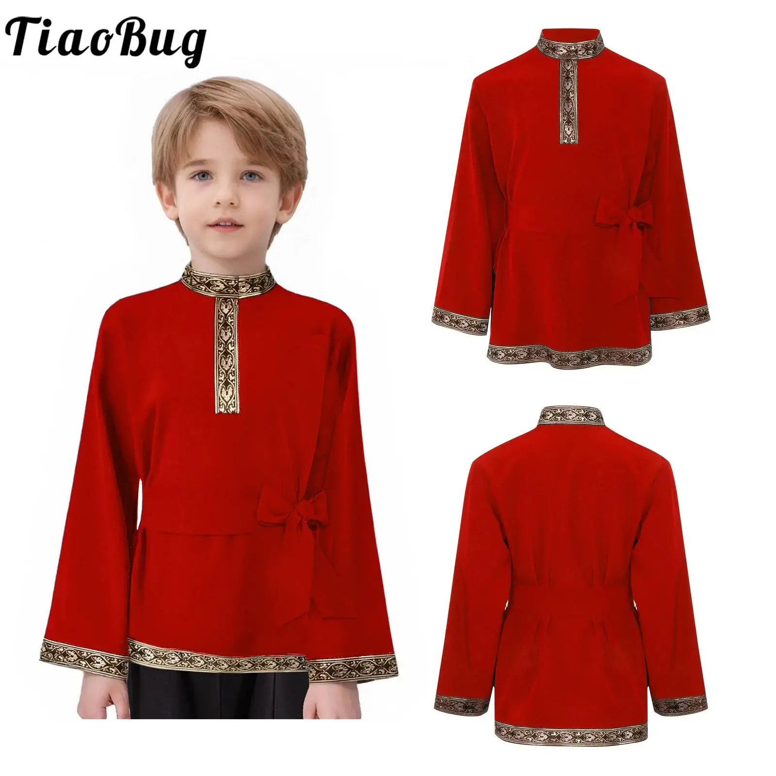 Teen Boys Girls Traditional Russian Folk Costume Halloween Medieval Renaissance Cosplay Fancy Vintage Pattern Shirts with Belt