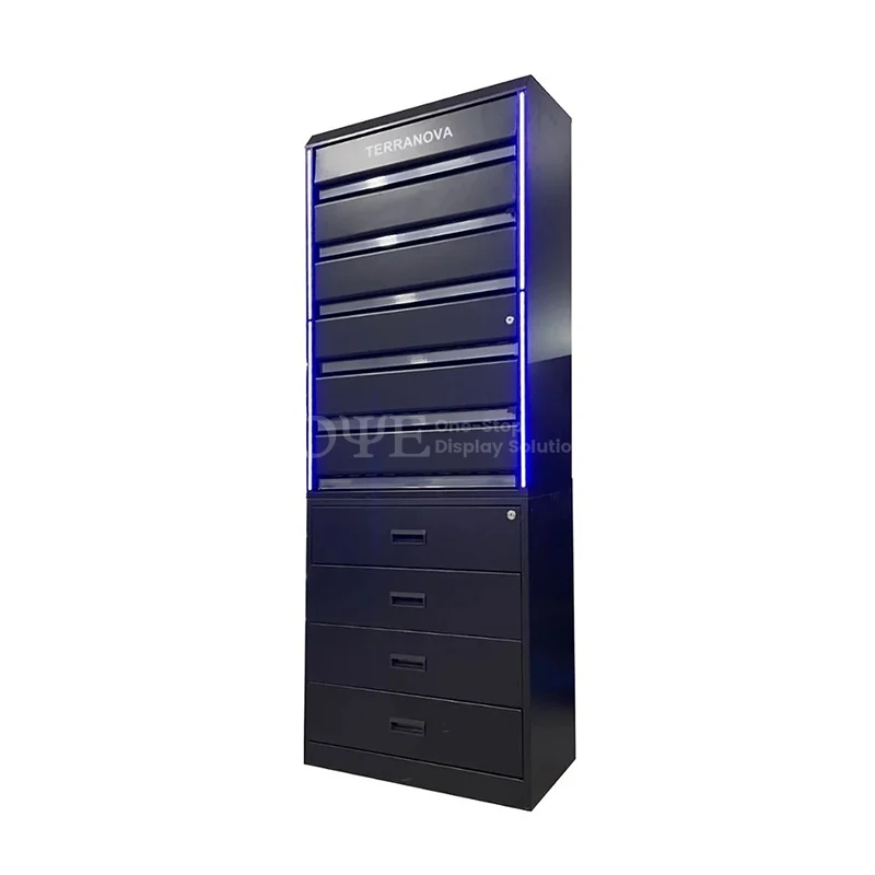 custom.Smoke Shop Fittings Cigarettes Shelves Display Stand with Storage Cabinet Led Lighting Store Ra