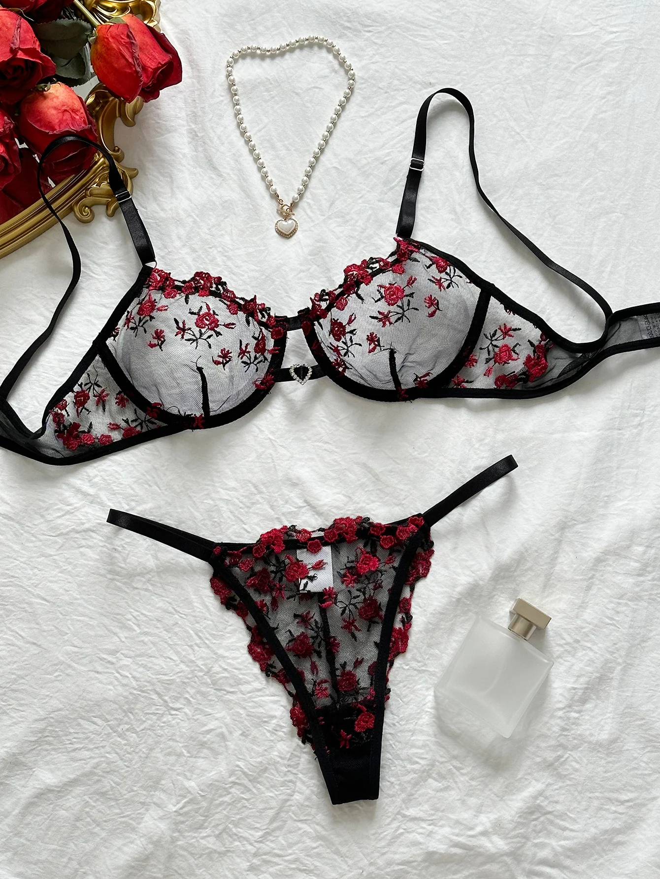 Women Floral Sexy Underwear Night Club Wear Heart Rhinestone Ultra Thin Lingerie UnderwearSet