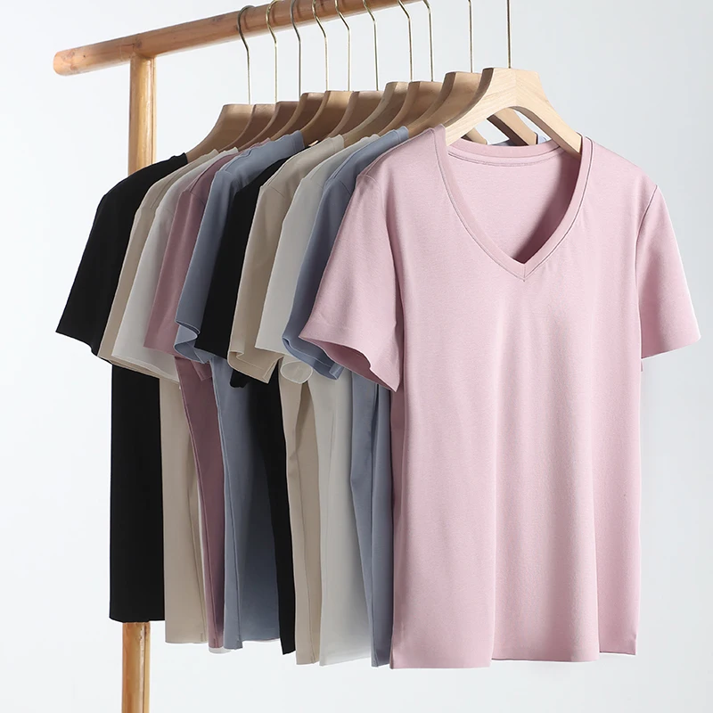 Summer New Silk Short T-shirt Female Mercerized Cotton Plus Size Loose V-neck Cool Quick-Drying Short Sleeves