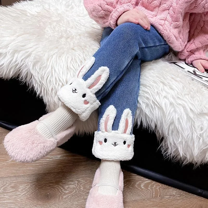 Girls' Velvet Jeans Winter New Collection Children's Thick Warm Casual Pants Integrated Velvet Baby Girls' Outerwear Pants