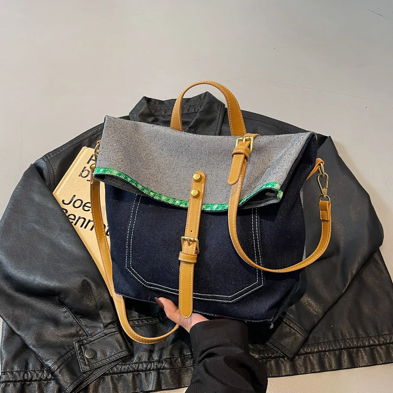 

Shoulder Bag Casual Underarm Bag Denim Bag Simple Splicing Contrast Color Slack Tote Bag