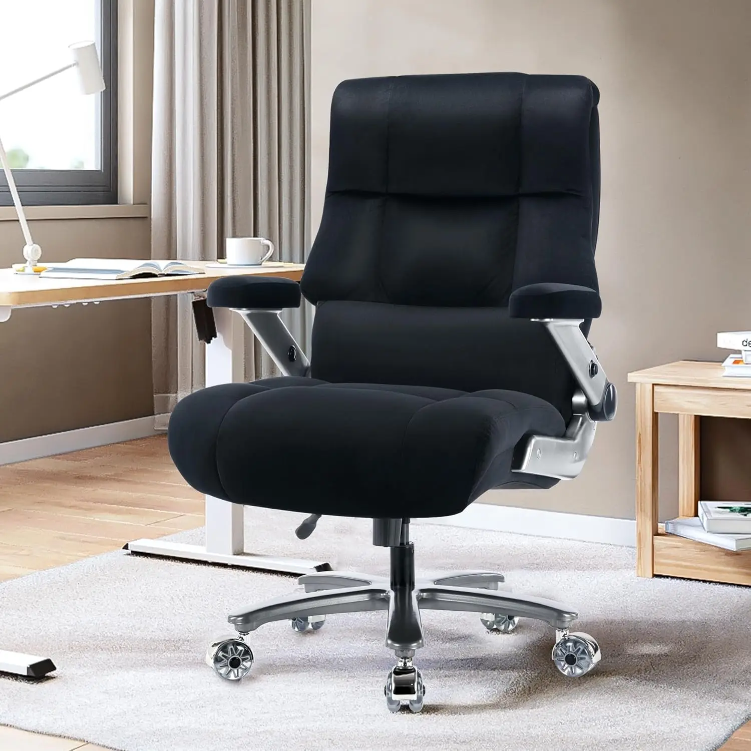 Big and Tall Office Chair, 500lbs capacity, executive design with adjustable lumbar support, 3D flip-up arms, black.