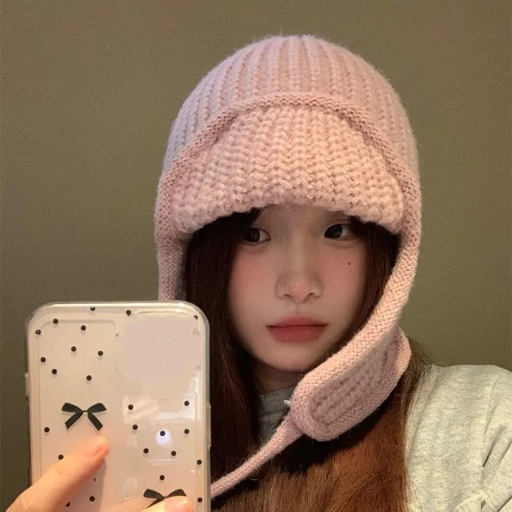 Casual Korean Style Knitted Flying Cap Ear Protection Solid Color Woolen Crochet Cap Warm Cold Proof Beanie Hat Autumn