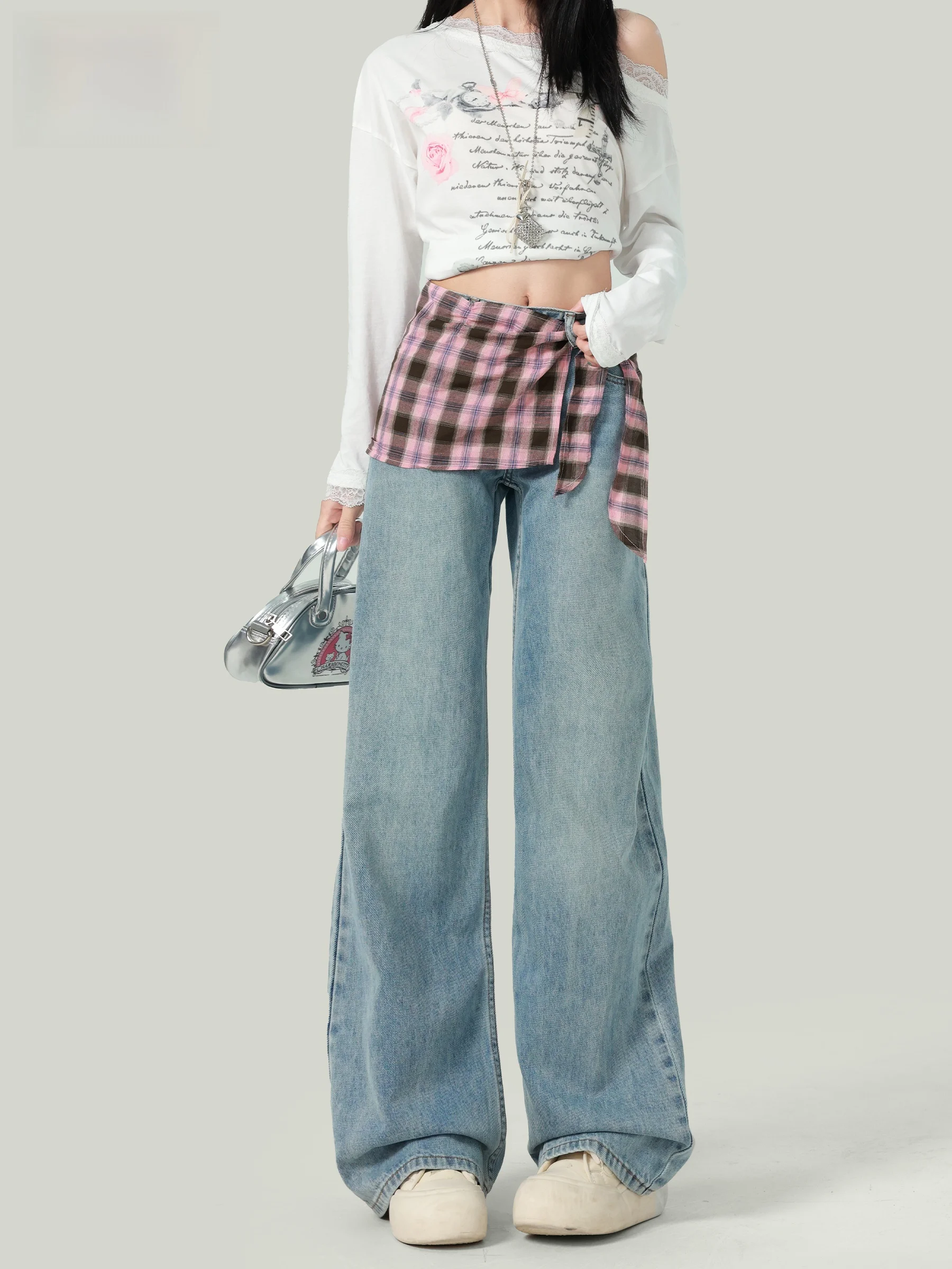 

American Design Low Waist Bell Bottom Jeans Women's Autumn New Style Layered Pink Plaid Curtain Straight Leg Pants