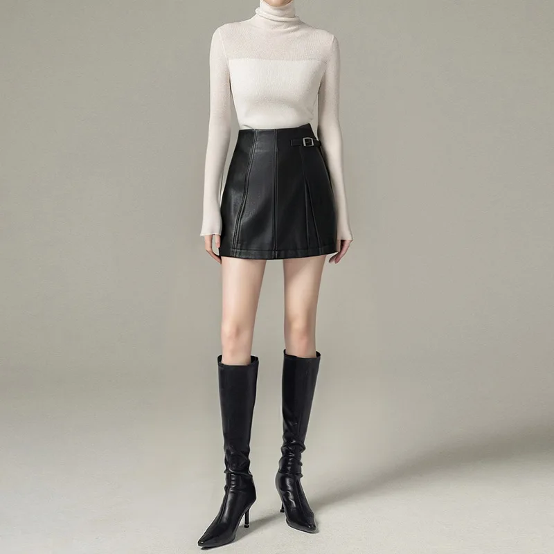 

Женская кожаная юбка из ПУ, новинка 2025 года, с завышенной талией, в винтажном стиле, для осени и зимы, облегающая юбка-карандаш для миниатюрных женщин.