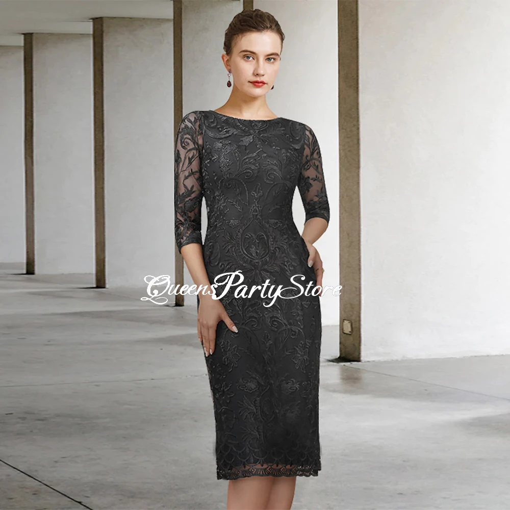 

Vintage Black Lace Mother of The Bride Dress 3/4 Sleeves Jewel Neck Applique Knee Length Women Guest Gown for Wedding