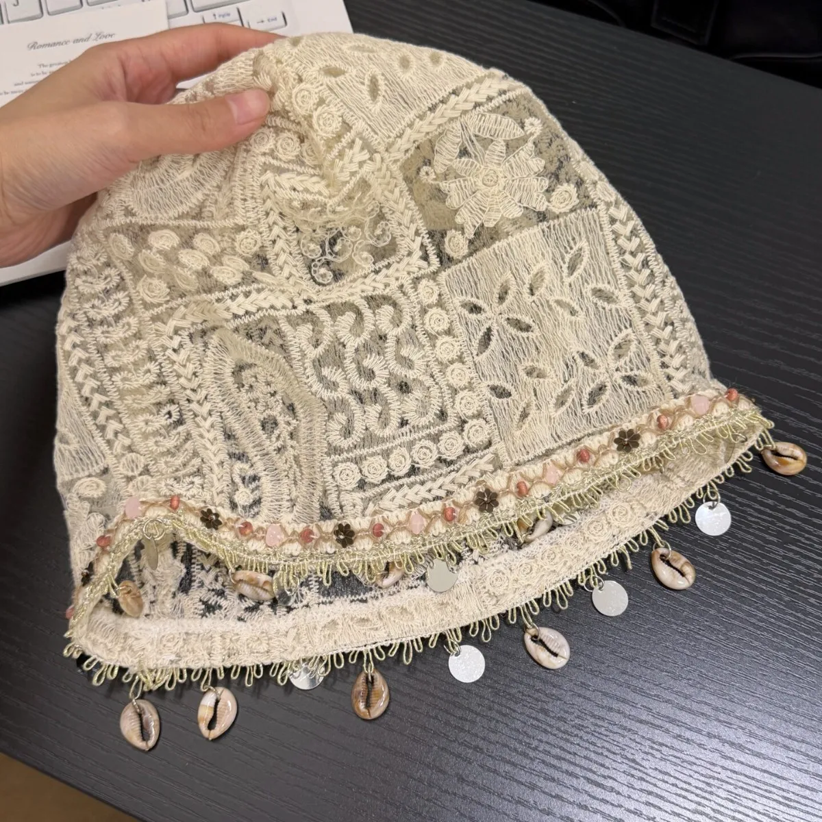 Women Boho Hat Lace Crochet Shell Tassel Decor Beanie Cap Ethnic Style Turban Head Wrap Vintage Gypsy Beach Festival Slouchy Hat