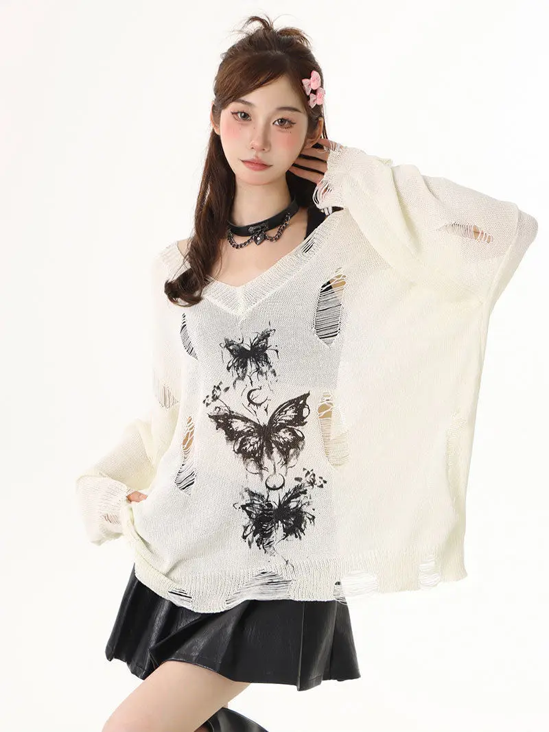 QWEEK Y2k Coquette Butterfly Print Sweater Gothic Goth Grunge Harajuku Hollow Out Knitted Knit Pullovers Balck Punk 2024 Autumn