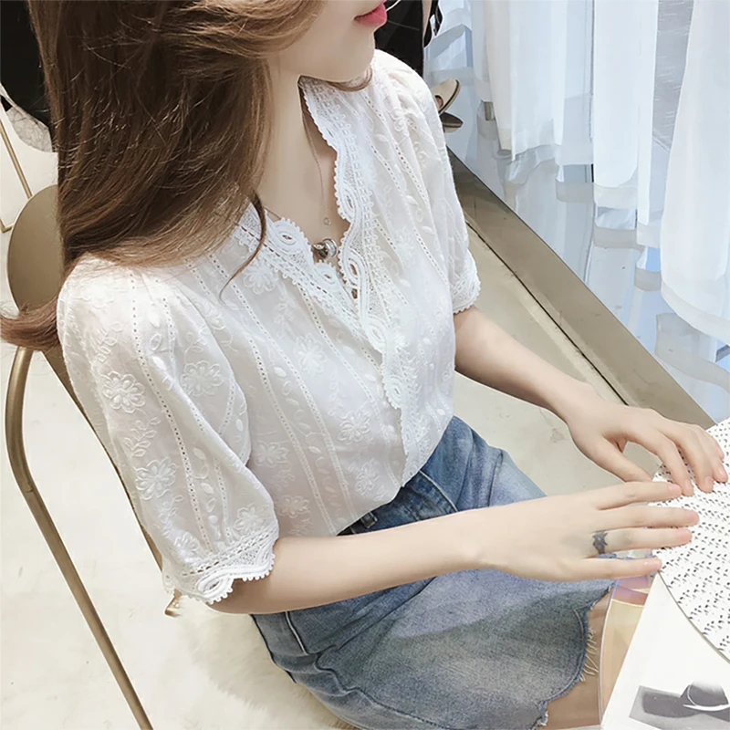 Elegant Summer Short Sleeve Solid Shirt Lace Hollow Out Sweet Loose Fit White Women\'s V-Neck Blouse Breathable Cotton Tops