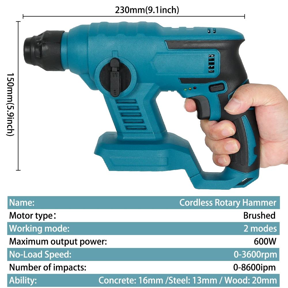 18V Cordless Electric Hammer Impact Drill Screwdriver Drill 3600rpm Rechargeable Rotary Hammer Power Tool For Makita 18V Battery