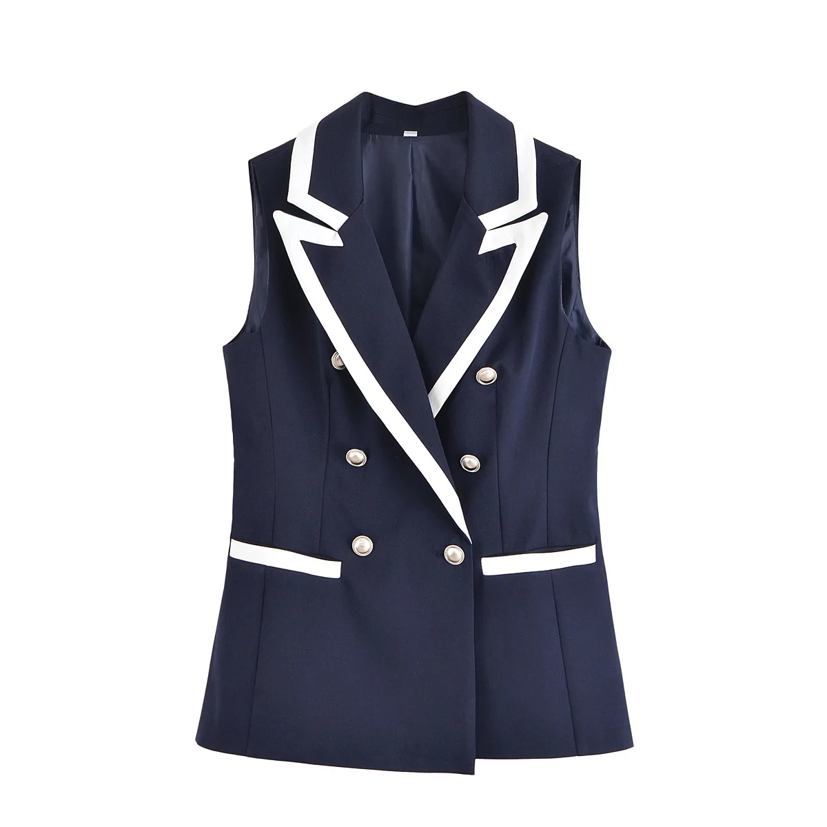 여성 세련된 턴 다운 칼라 더블 브레스트 포켓 장식 민소매 양복 조끼 탑 + 패션 캐주얼 바지 2 조각 세트