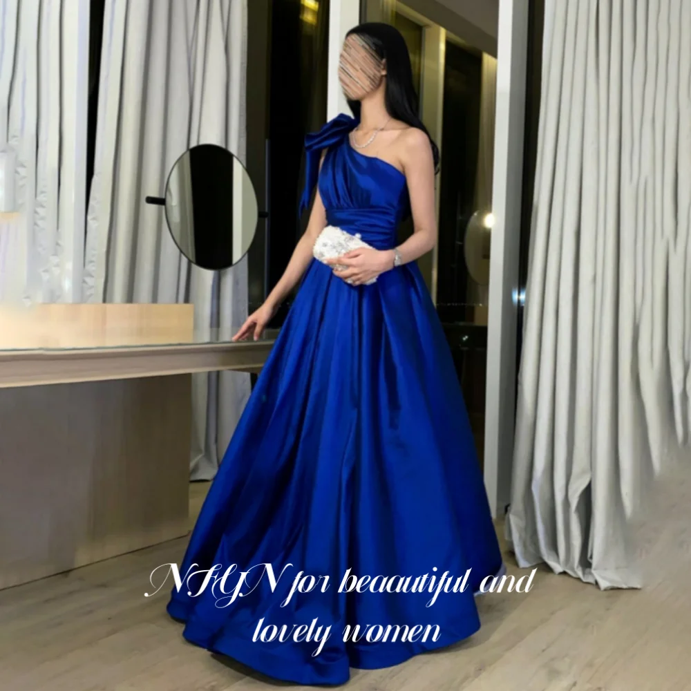 

NFYN Royal Blue Elegant Formal Gown Satin One-Shoulder Sleeve Prom Dresses A-Line Backless Evening Dress for Woman Customized