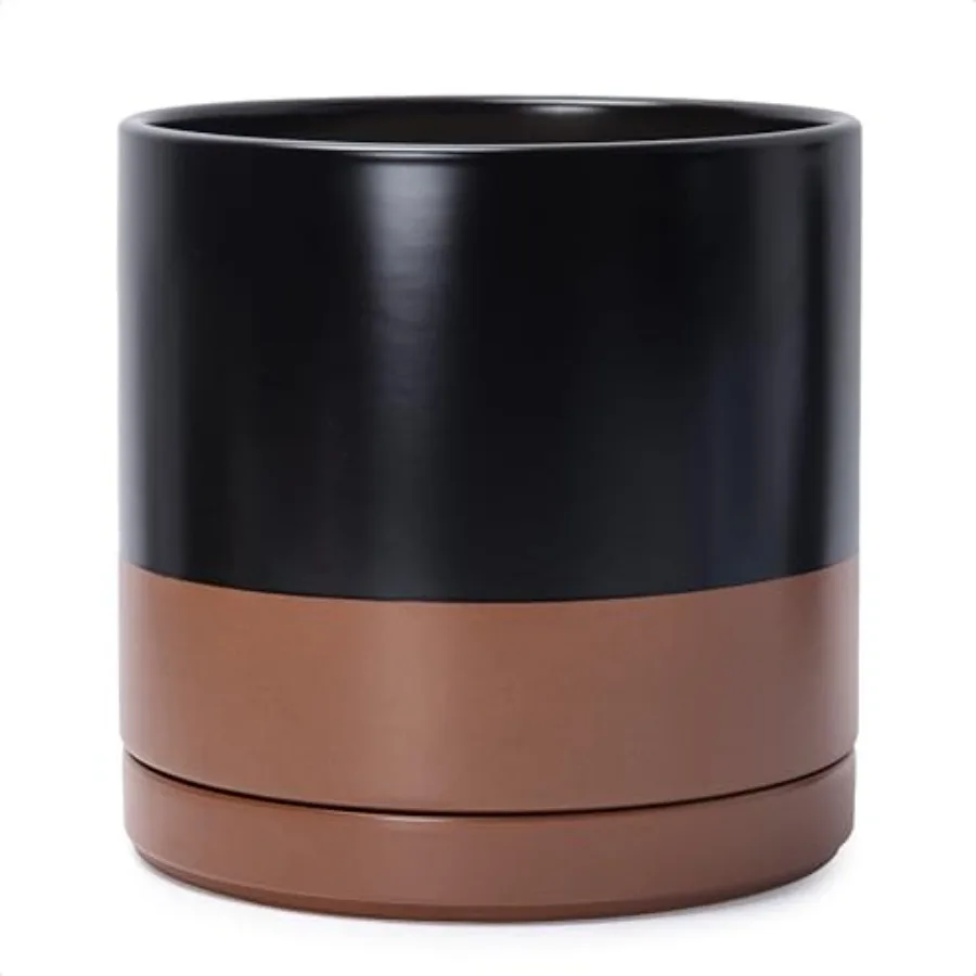 

Indoor ceramic planter pot for home decor ceramic material black/speckled tan color 12-inch cylinder with drainage hole and sau
