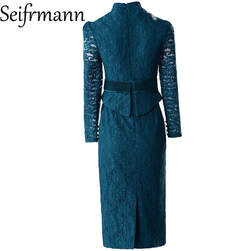 Seifrmann Spliced ​​lace sequin hip wrap dress stand-up collar long-sleeved waist mid-length dress 2026 autumn women's new style
