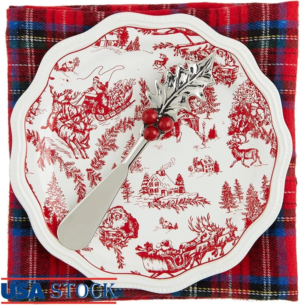 

Toile Appetizer Set 3 Piece Elegant Stoneware Plate Stainless Steel Spreader Tartan Hand Towel Perfect Holiday Gatherings