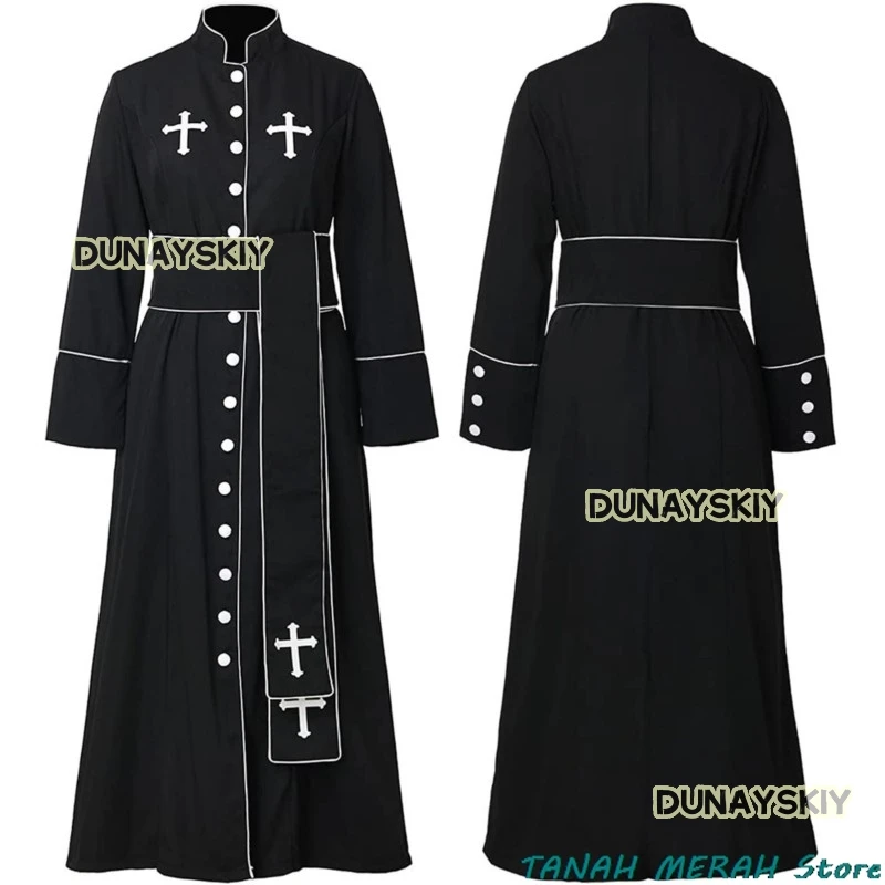 Adult Black White Noble Priest Costume Men Religious Pastor Father Costumes Halloween Purim Party Mardi Gras Fancy Cosplay Dress