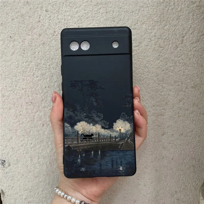 Japanese Aesthetic Black Cat Landscape Phone Case For Google Pixel 8Pro 9Pro 6 7 6A 7A Scenery Soft Silicone Cover For Google 8A