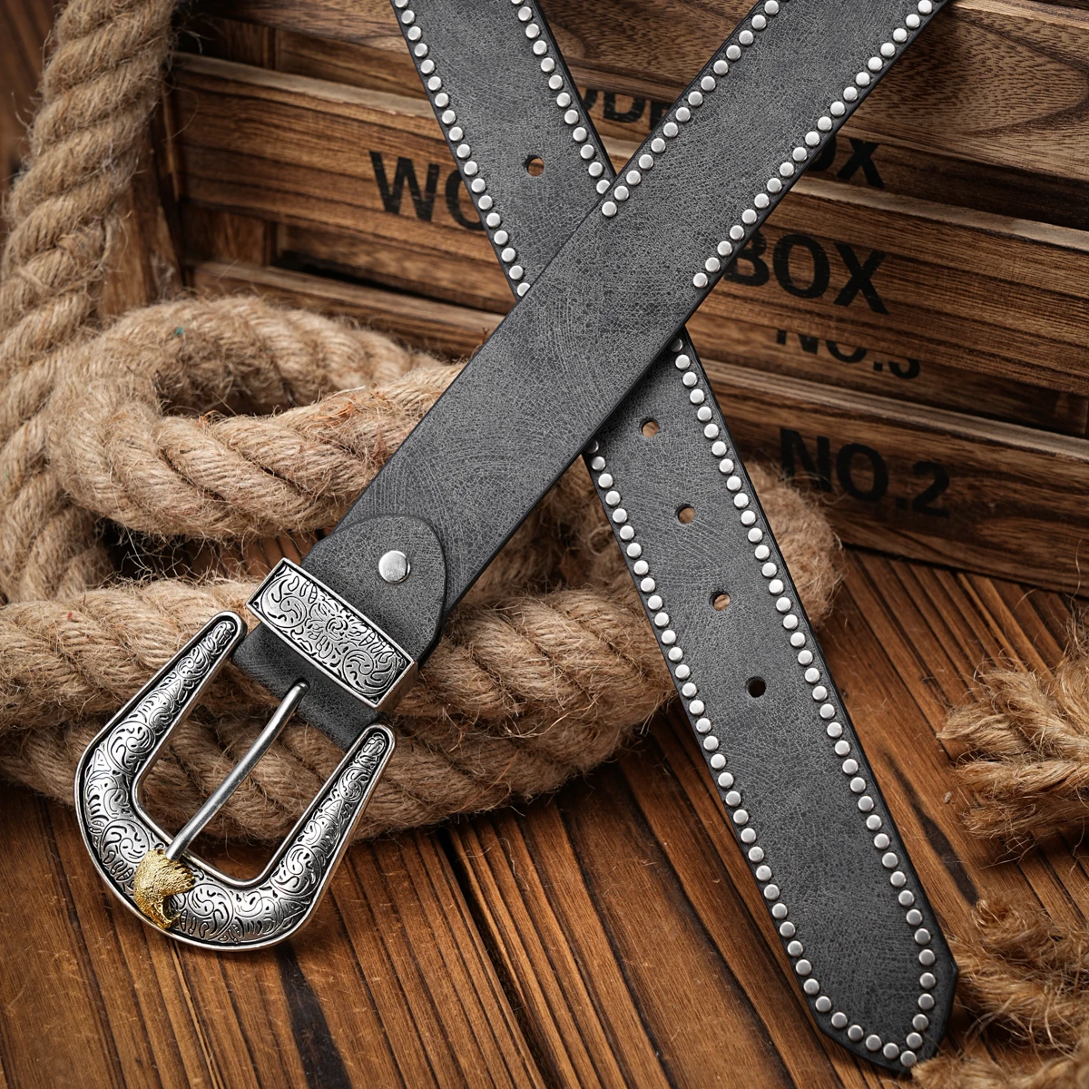 Men & Women-Western-Cowboy-PU Leather-Belts - Vintage Belt Floral Engraved Buckle Belt for Jeans