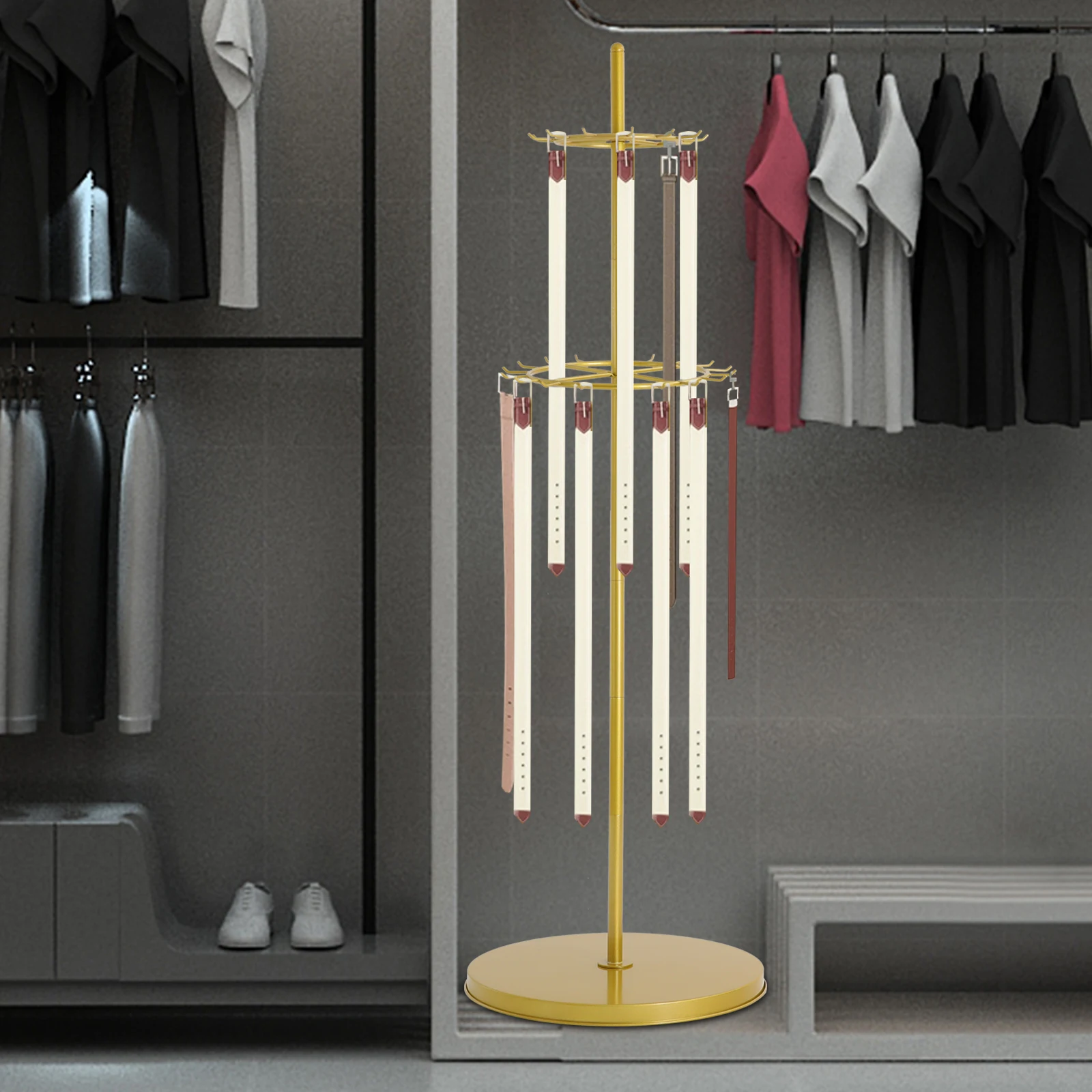 168x50cm Gold Modern Tie Rack, Free Standing Floor Mounted Belt Hanger, Belt Display Shelf 