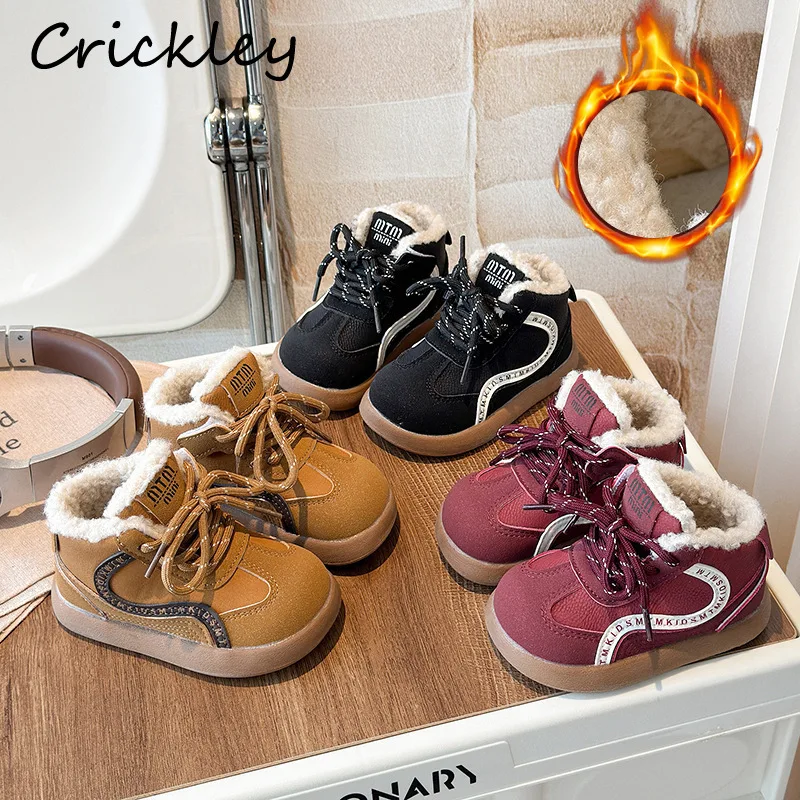 

Зимняя детская повседневная обувь из искусственной кожи, лоскутные плюшевые теплые ботильоны для мальчиков и девочек, мягкая подошва с крючками, детские кроссовки для малышей