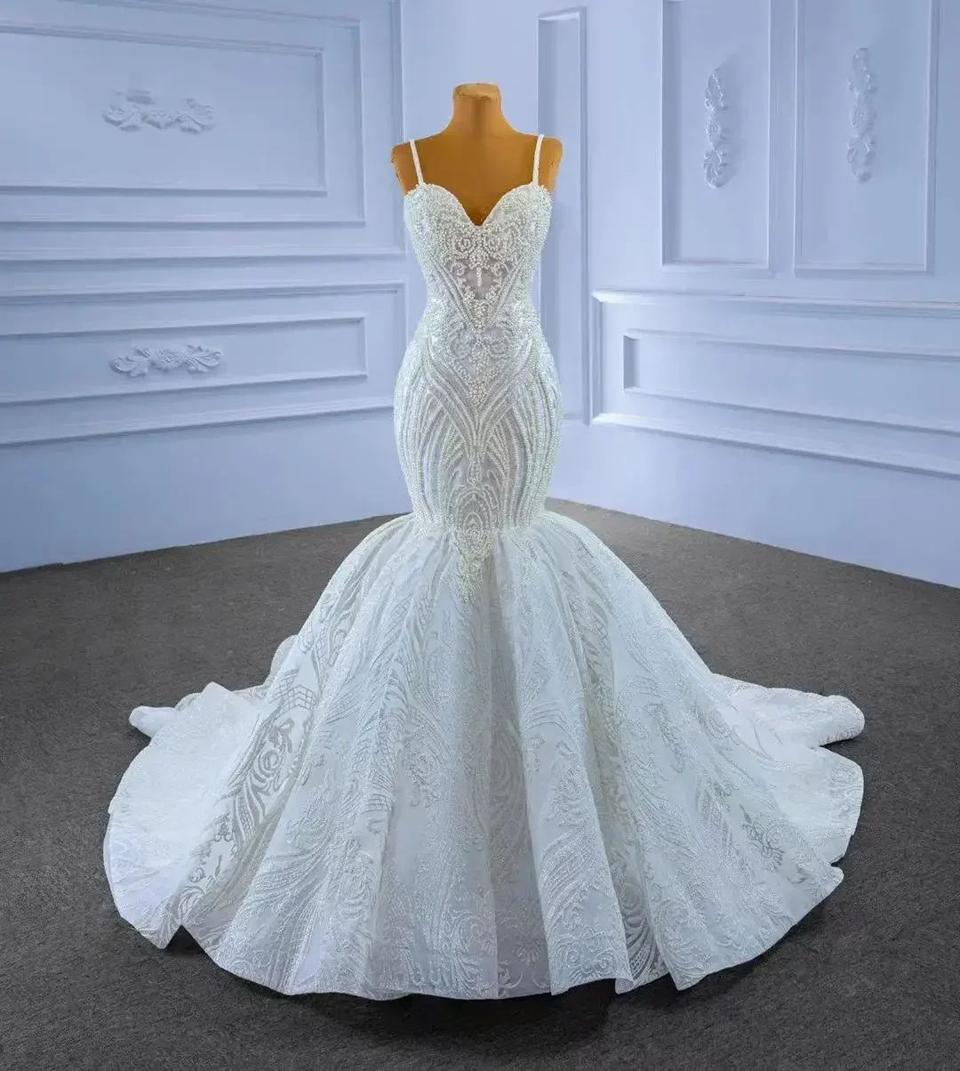 

Индивидуальные выполненные на заказ жемчужные кружевные аппликации на тонких бретельках Свадебные платья русалки без рукавов Новое африканское свадебное платье