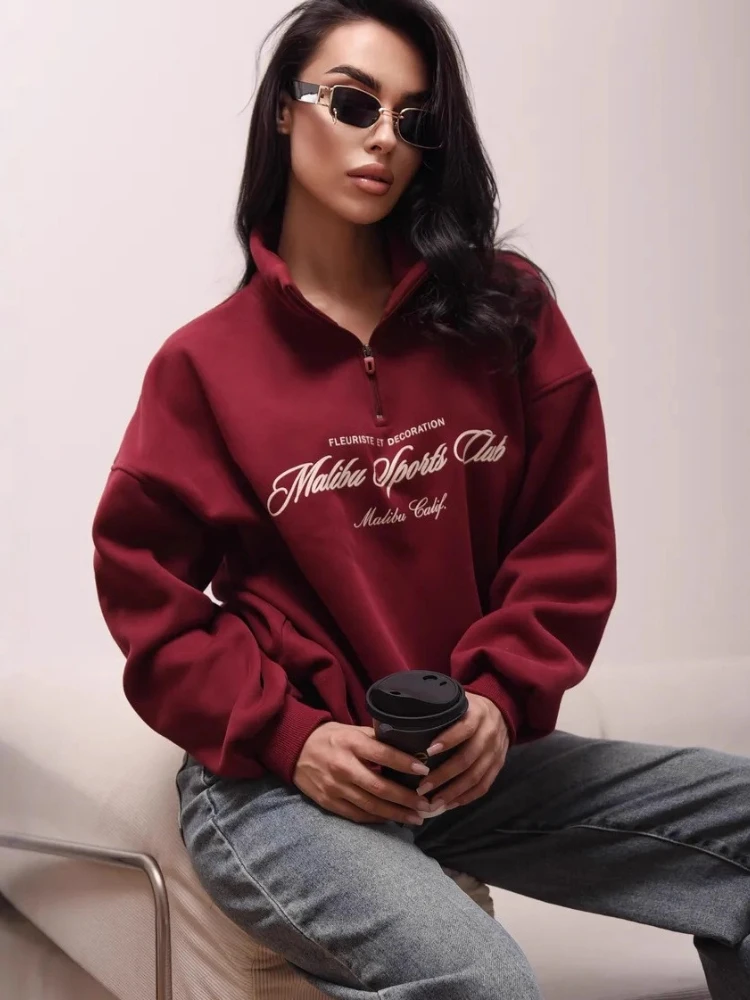 European Retro Design Sweatshirts Zipper Stand Collar Loose Sports Hoodies Wine Red Women Fashion Streetwear Autumn Large Size