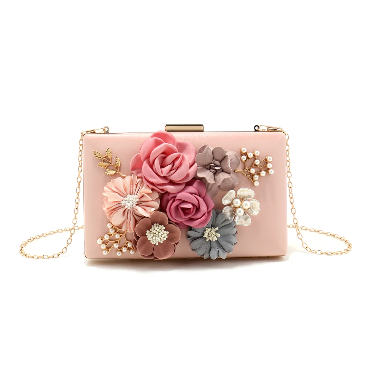 Flower Women Evening Bags Fashion Cute Girl Lady Clutch With Pearl Diamonds Handbags Glitter Spring Season Pink Color Shoulder C