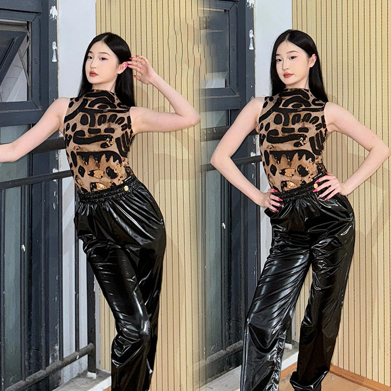 

Summer Latin Dance Clothes Sleeveless Leopard Tops Sauna Pants Women Practice Training Wear Rumba Chacha Dance Costume DNV26832