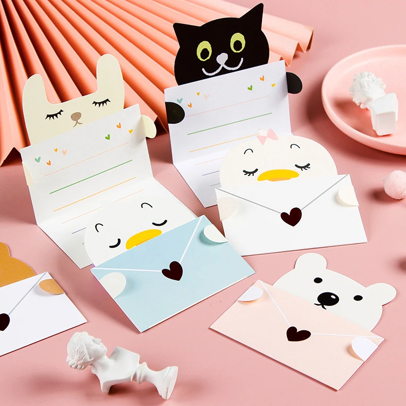 1/9pcs Cute Cartoon Gift Card Folded Envelope Greeting Card Holiday Wishes Postcards Animals Birthday Cards For Students Party