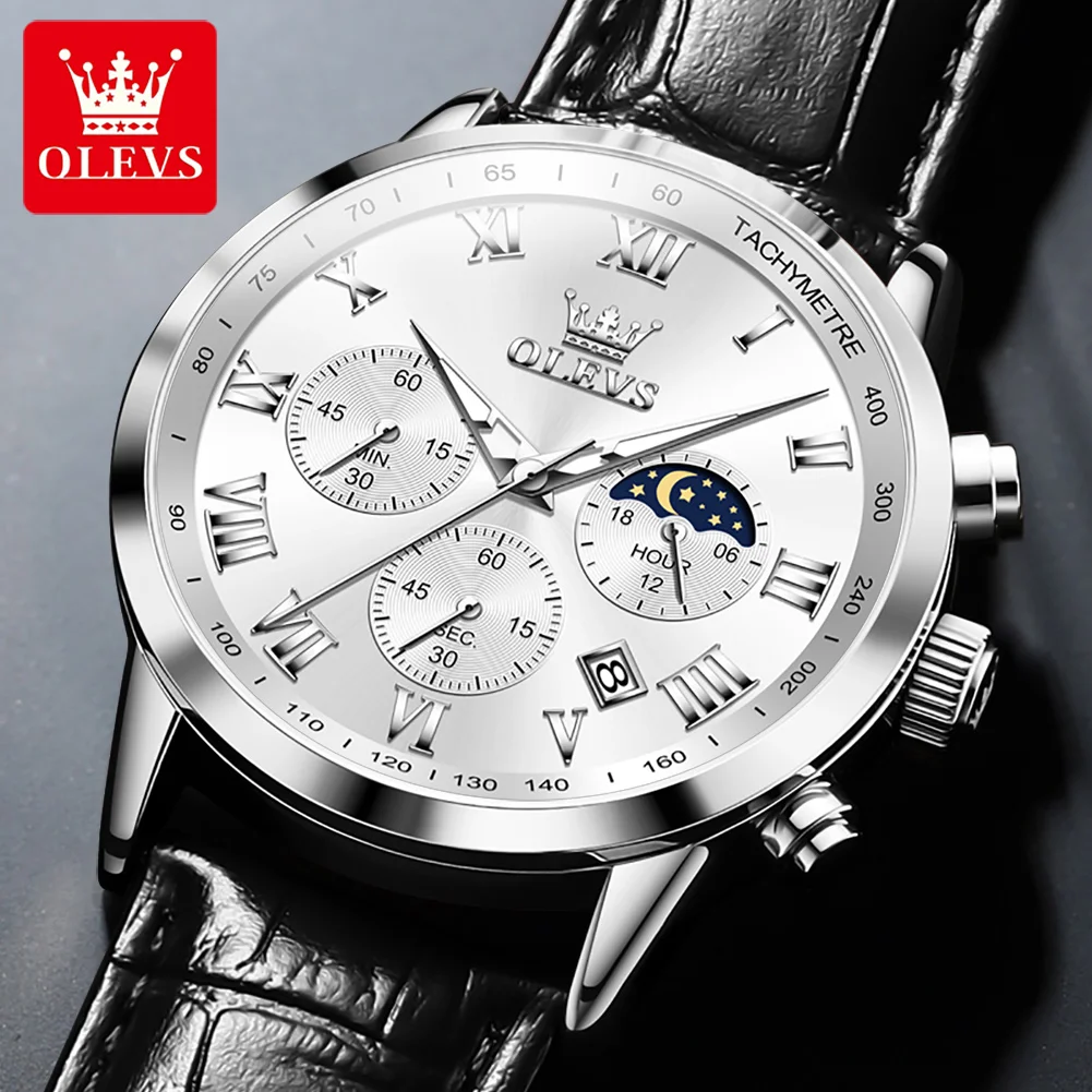 OLEVS 5529 Men Watch Luxury Original Quartz Watch Fashion Simple Waterproof Leather Large Dial Chronograph Moon Phase Men Watch