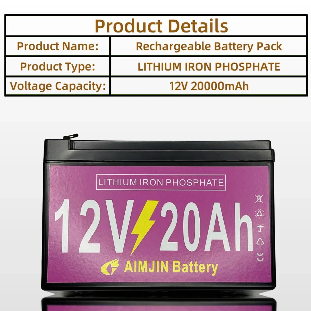 Car Battery 12V LiFePO4 Iron Phosphate Automotive Battery 20Ah Built in BMS Portable 12V 20000mAh Rechargeable Battery Pack