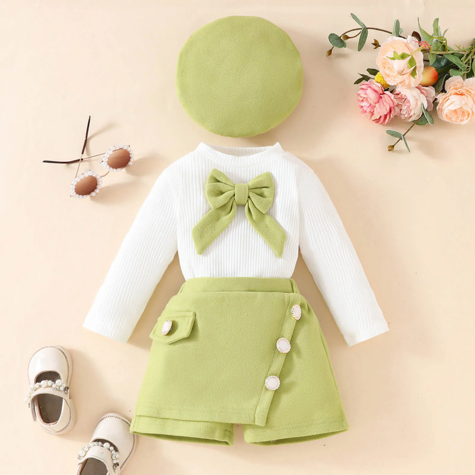 0-3Years Kids Baby Girls Clothes Sets Elegant Long Sleeve Bowknot T-shirt and Shorts with Berets Hat 3Pieces Outfits Baby's Sets